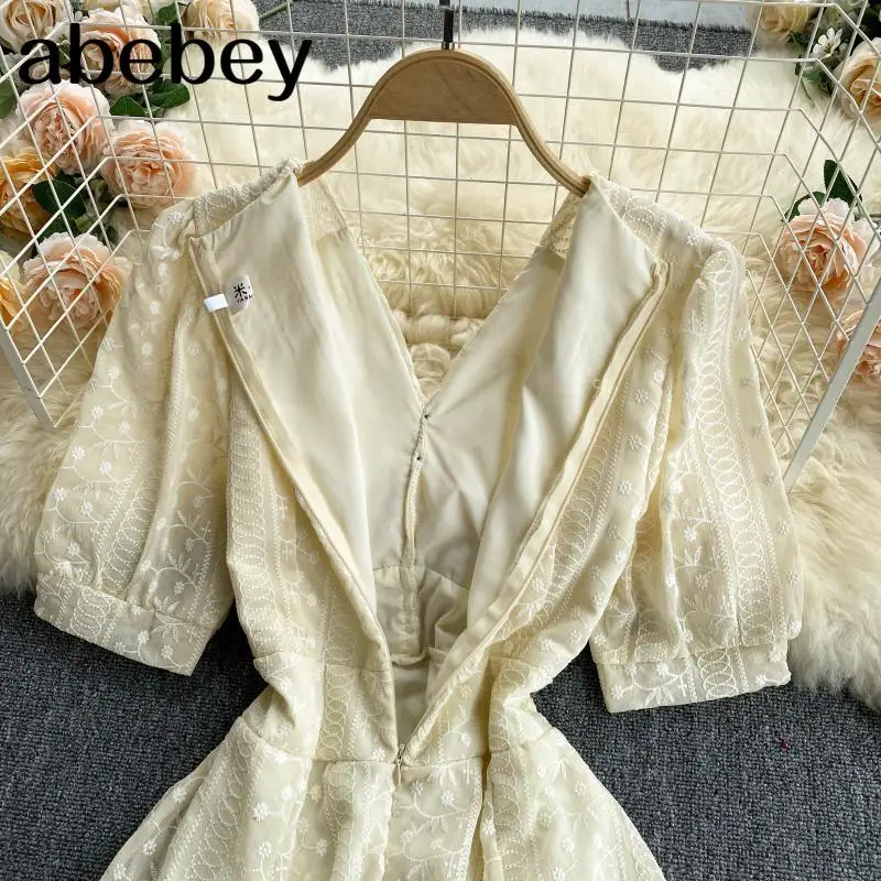

Women Elegant French Dress Puff Sleeve V Neck Button Solid Office Dresses Summer Casual Fashion Streetwear A-line Dress