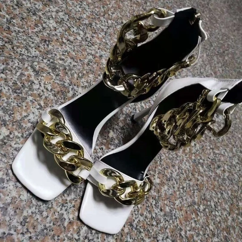 

Black Square Toe Sandals Women Unique Thin High Heels Back Zip Open Toes Metal Chains Decor Runway Sandalias Big Plus Szie 43