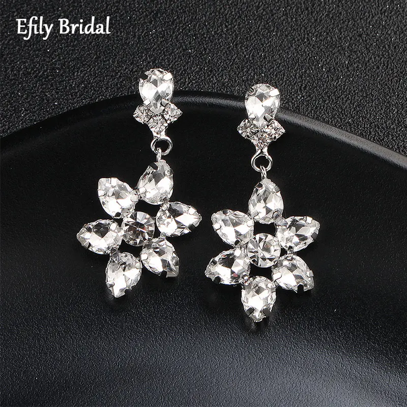 

Efily Fashion Crystal Flower Drop Earrings for Women Accessories Bridal Wedding Party Long Drop Earrings Jewelry Brides Gifts