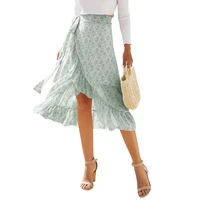 summer chiffon floral print ruffle bandage skirt women casual boho loose elegant streetwear beach fresh midi length skirts