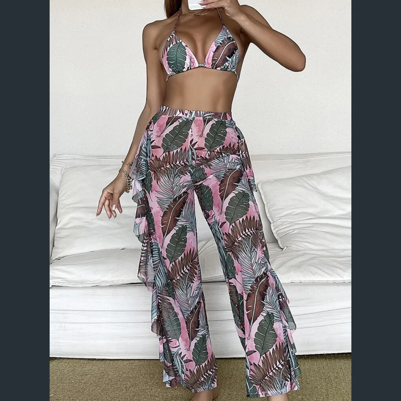 

Bikini 2021 Women Push Up Swimsuit Large Size With Beachwear White Cover Leaf Print Trousers Three Piece Tong Polyester Sierra