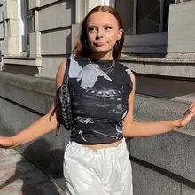 Gauze Tank Tops Gothic Womens Tops Short Tight Street Printing Fashion Sexy