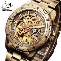 shenhua vintage men automatic mechanical self winding wristwatch stainless steel bracelet clasp case waterproof durable watch