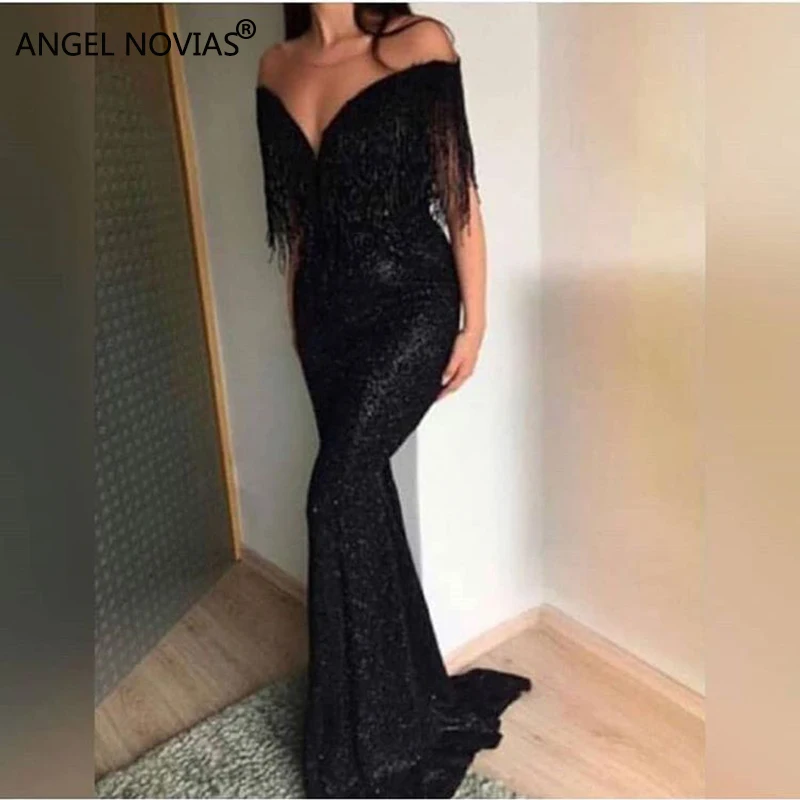 Длинные блестящие вечерние платья ANGEL NOVIAS черное платье русалки с кисточками для