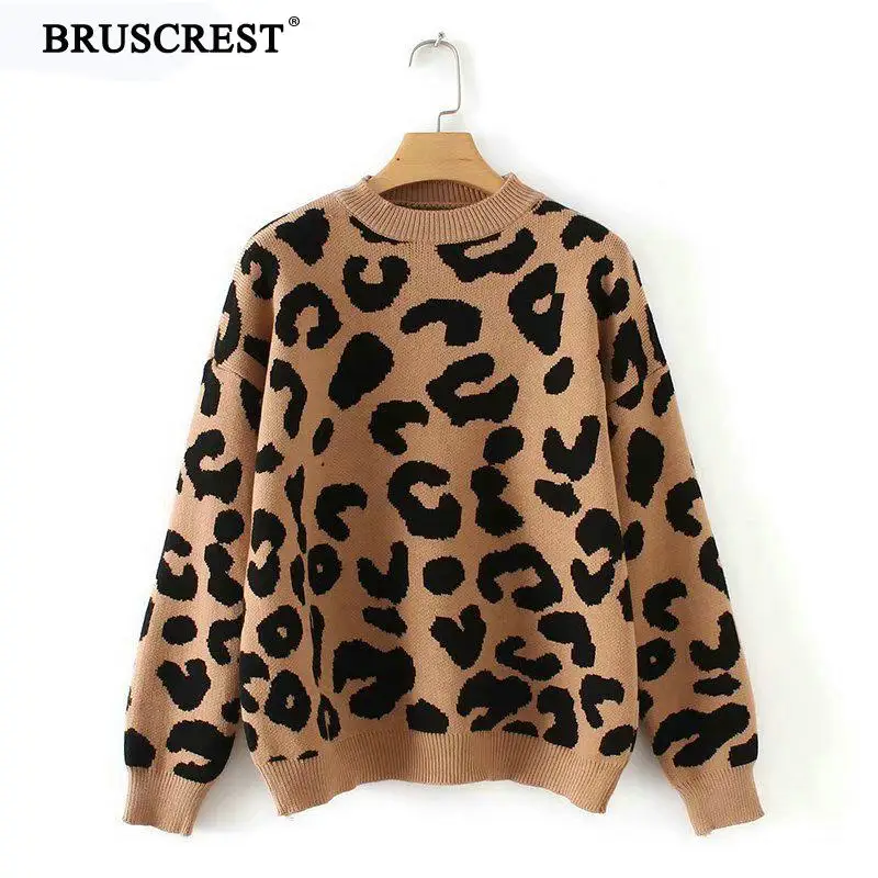 

Fall 2019 Sueter Fashion Sweater Women Vintage Pullover Knitted Sweater Cheetah Leopard Sweater Lazy Oaf Mock Neck Sweater