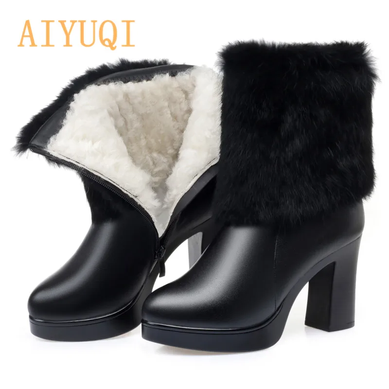 AIYUQI; женские ботильоны; Сезон Зима; натуральная кожа; мех кролика; модная новинка; пикантная теплая шерстяная обувь на высоком каблуке; женские ботинки
