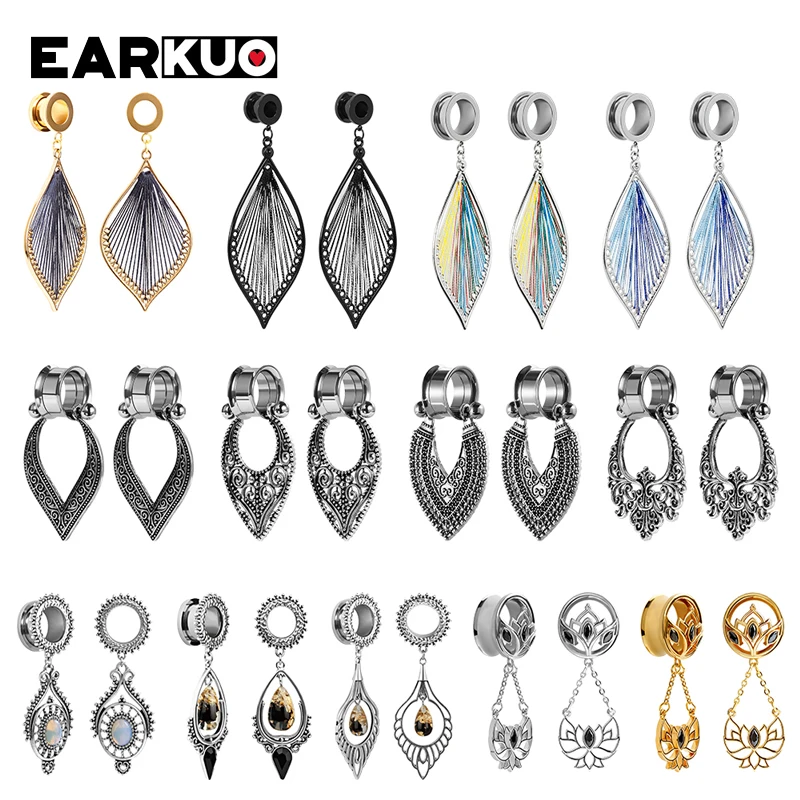 

EARKUO Popular Stainless Steel Flower Weave Leaf Lotus Dangle Ear Piercing Tunnels Stretchers Body Jewelry Ear Screw Plugs 2PCS