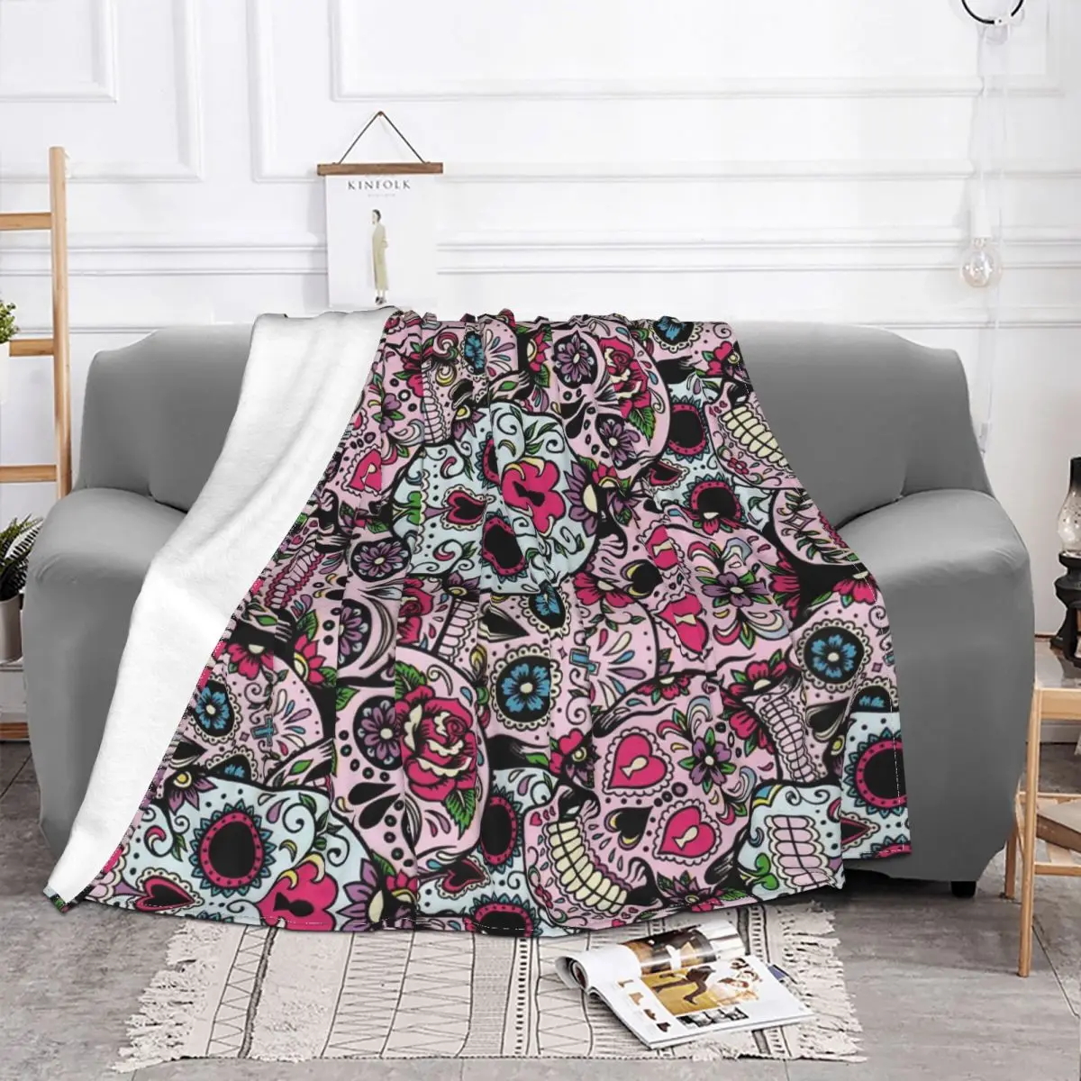 

Sugar Skull Blanket Flannel Textile Decor Face Skull Art Portable Warm Throw Blankets for Sofa Travel Bedspreads