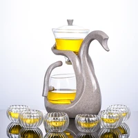 creative swan shpae semi automatic magnetic lazy glass tea set 6 pieces transparent kungfu drinkware household business teaware