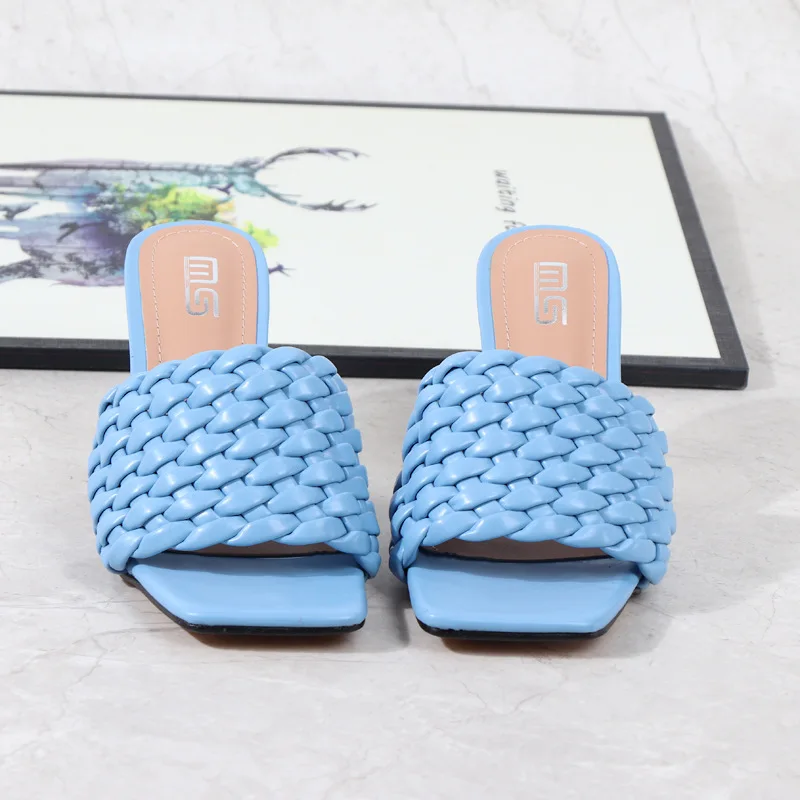 

2021 Summer Women Slippers Elegant Women's Shoes Sandals Weave Mules Slides Elegant Crystal Heels Shoe Open Toe Square Toe Lady