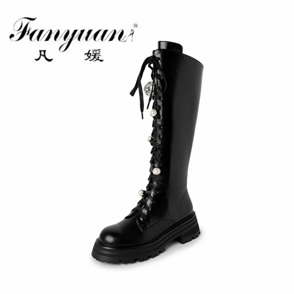 

Fanyuan Top Quality Women Genuine Leather Knee-High Boots Autumn Winter Casual Platforms Shoes Woman Cross-Tied Motorcycle Boots