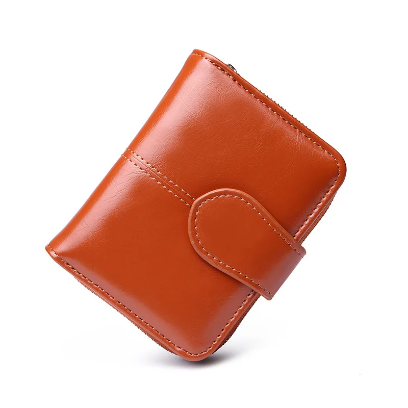 

Wallet Woman's Short European and American Oil Wax Leather Buckle Classic Small Wallet
