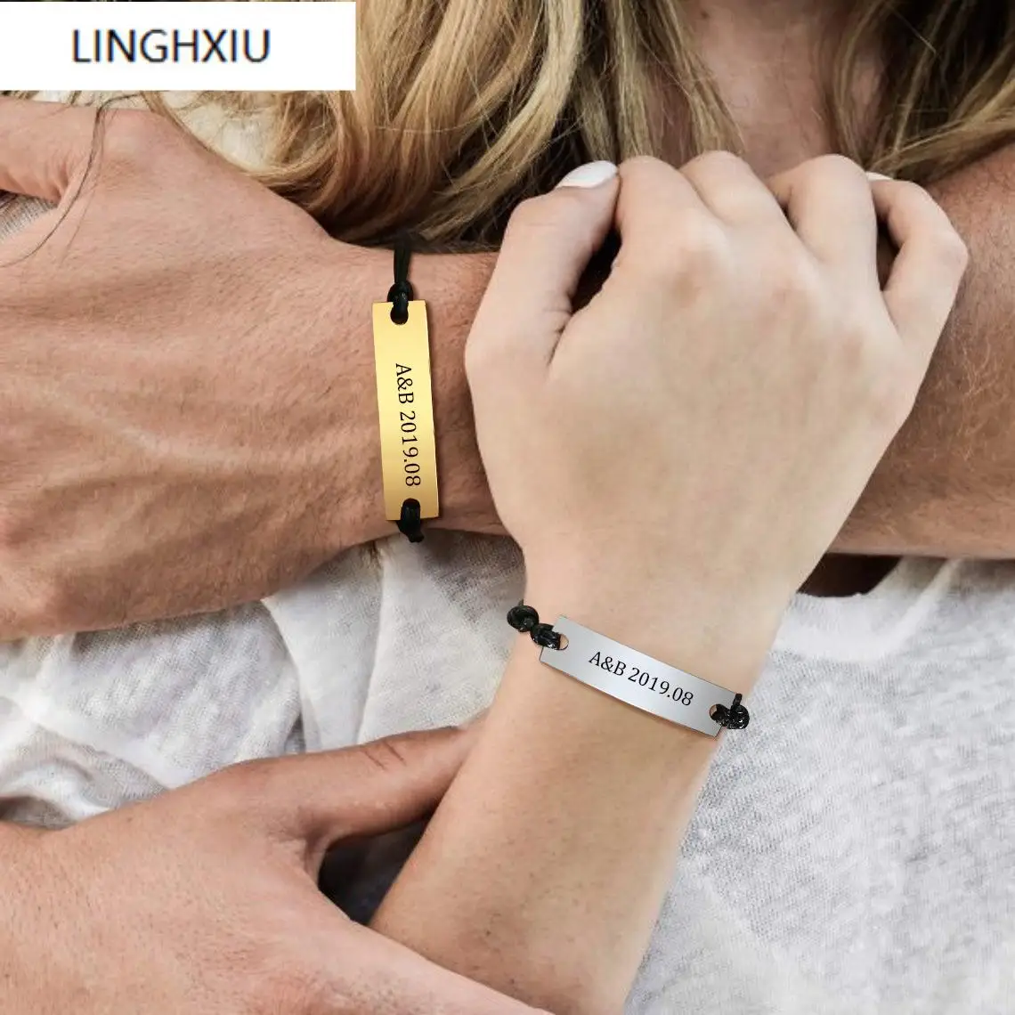 

Customized ID Tag Bracelets for Couples Women Bracelet Personalized Bar Name Stainless Steel Rope Wristbands Adjustable