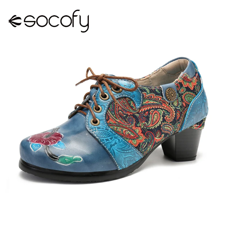 

SOCOFY Retro Embossed Flower Folkways Cloth Pattern Lace Up Comfy Pumps Elegant Shoes Women Shoes Botas Mujer 2020