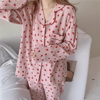 cute fruit strawberry print loose home suit women pajamas long sleeve turn down collar pyjamas top pants 2 pcs pijama set y019