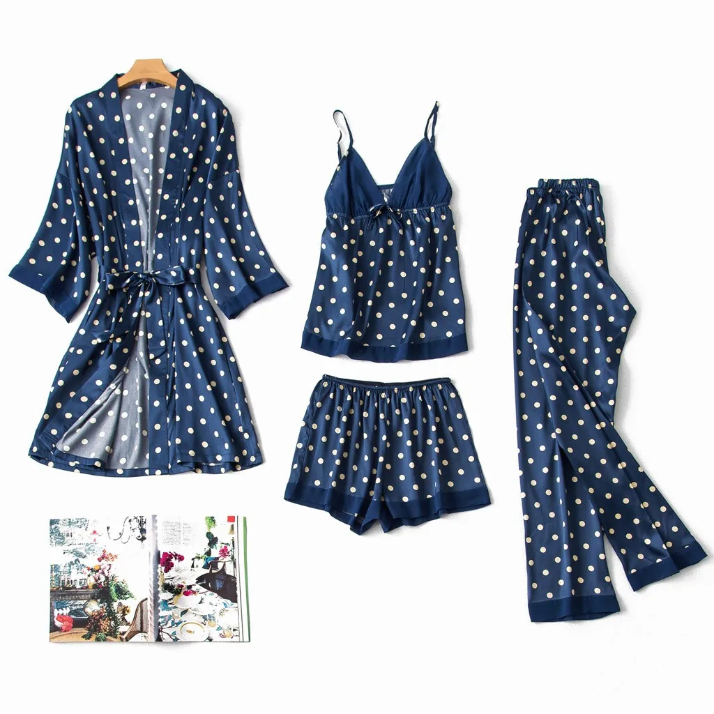 

Silk Women Pajama Set Lace Sleepwear Ladies 4-Pcs Point Print Robe Set Cardigan Nightdress Underwear conjuntos de pijama g4