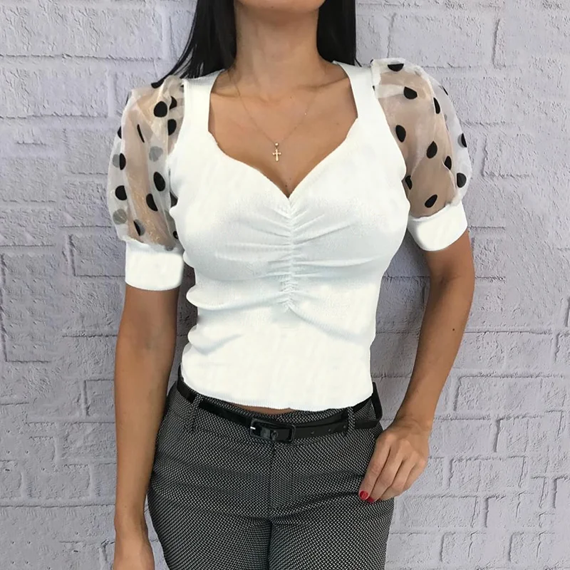 

Umeko 2020 Spring Summer Women Fashion Sexy Puff Short Sleeve Polka Dots V-Neck Blouses T-shirt Vintage Office Shirt Plus Size
