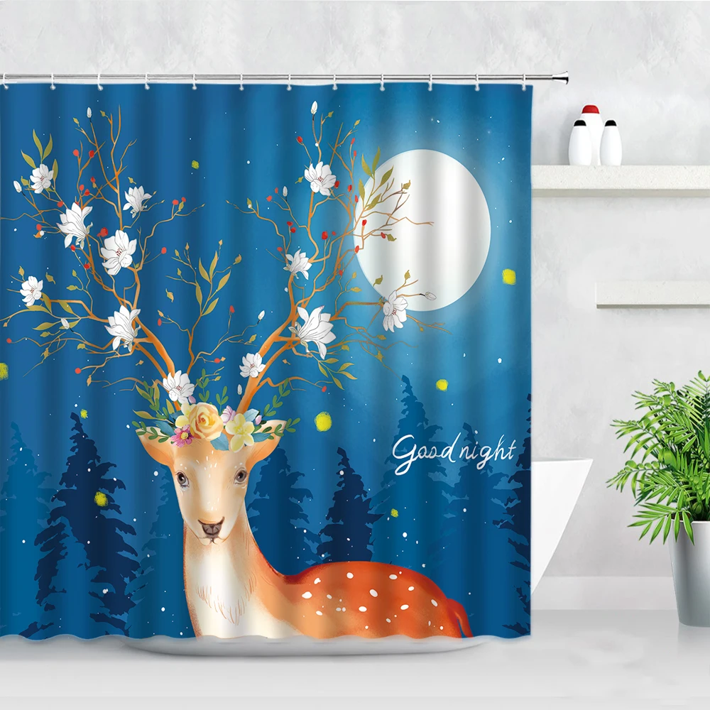 

Nordic Elk Decor Hanging Cloth Shower Curtains Moon Flowers Creative Animal Print Fabric Bath Screen Bathroom Curtain With Hooks