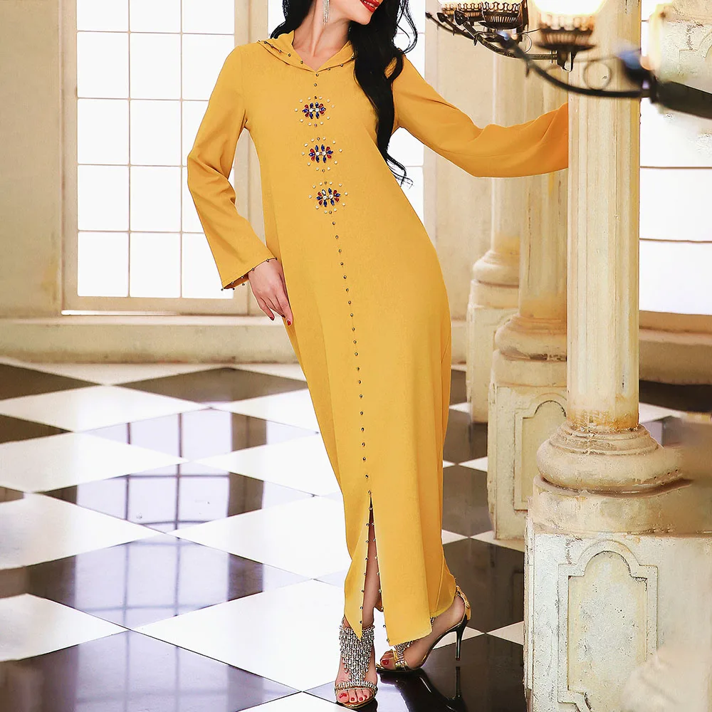 

2021 Summer New Morocco With Hood Hand Stitched Rhinestones Middle East Solid Color Long Sleeve Casual Loose Women's Dress