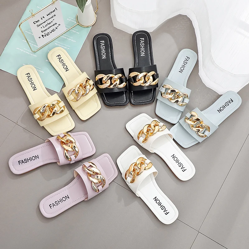 

Beach Shoes Slippers Flat Mules For Women 2021 Luxury Slides Pantofle Low Sabot Designer New Summer Soft PU Rome Fabric Fashion