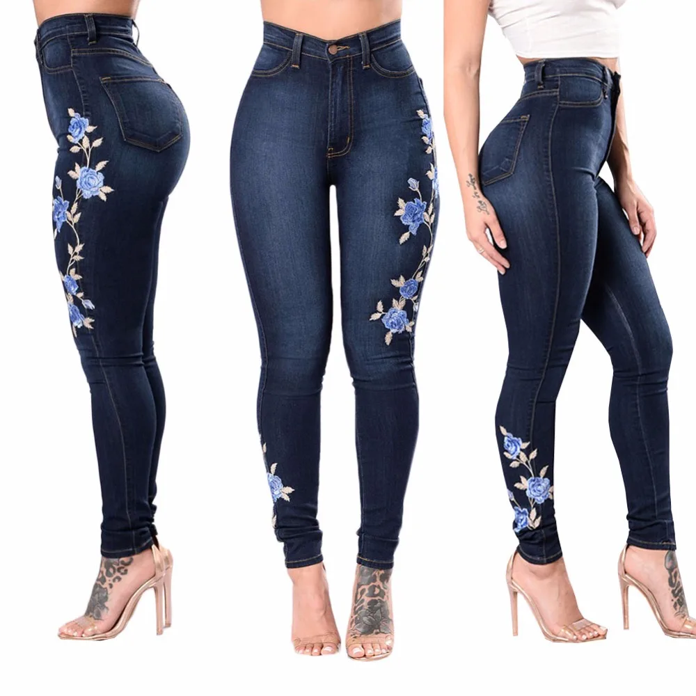 

Jeans Embroidery Skinny Denim Butt Push Up High-Waist Jeans Women Sexy Full-Length Pencil Washed Blue Stretchable Female Jeans