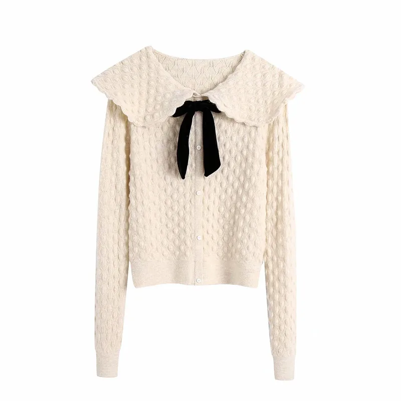 

Women Autumn Casual Za Beige Knitted Autumn Cardigans 202 Ladies Cute Bow Turn-Down Collar Long Sleeve Fashion Elastic Sweaters