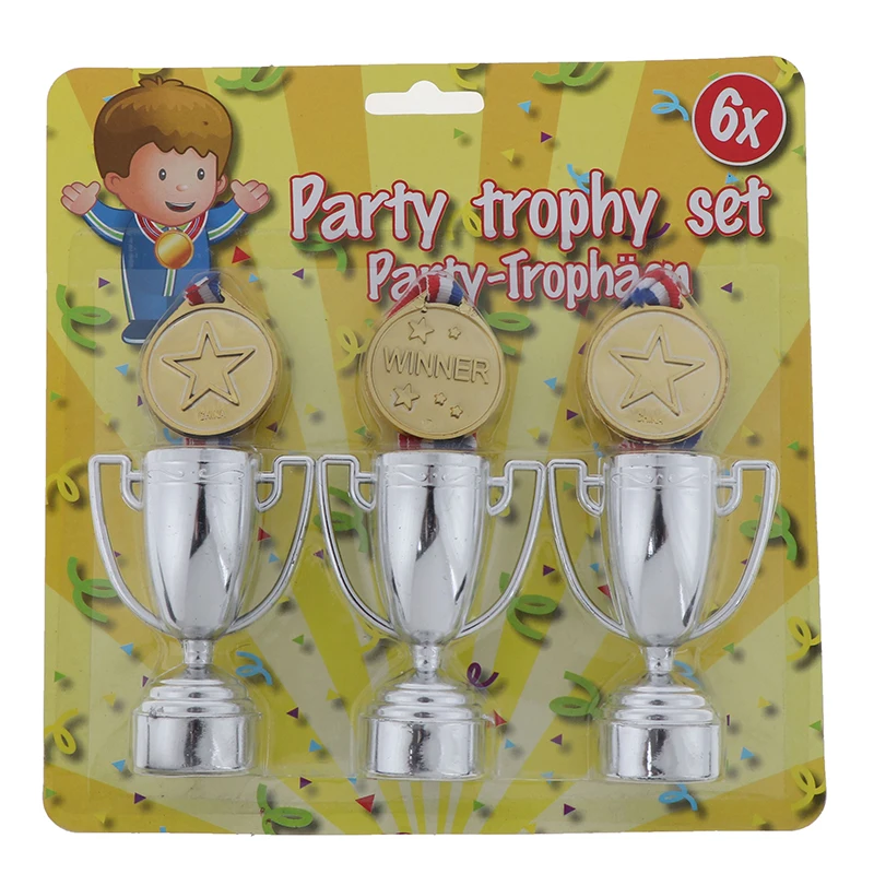 

6 шт. = 3 шт. Золотые пластиковые медали победителей + 3 пластиковых трофей, игрушки для детей, веселые реквизиты для вечеринок