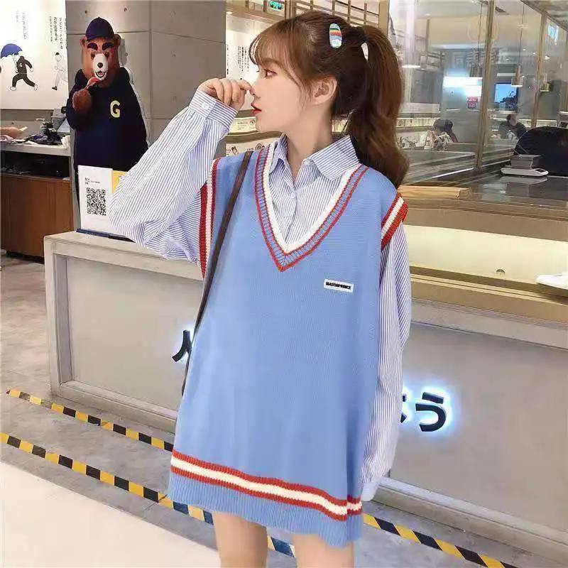 

2021 Women Houndstooth Loose Knitted Vest Sweater Girls V Neck Sleeveless Thick Vintage Sweater Suits Female Waistcoat Chic Tops