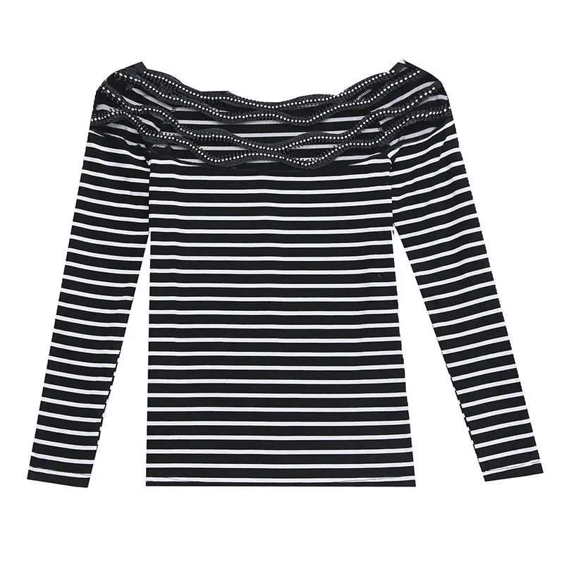 

Clavicle One-shoulder Top Women's Autumn Wear 2021 New Hot Rhinestone T-Shirt Women's Long Sleeve Thin Sexy T-shirt