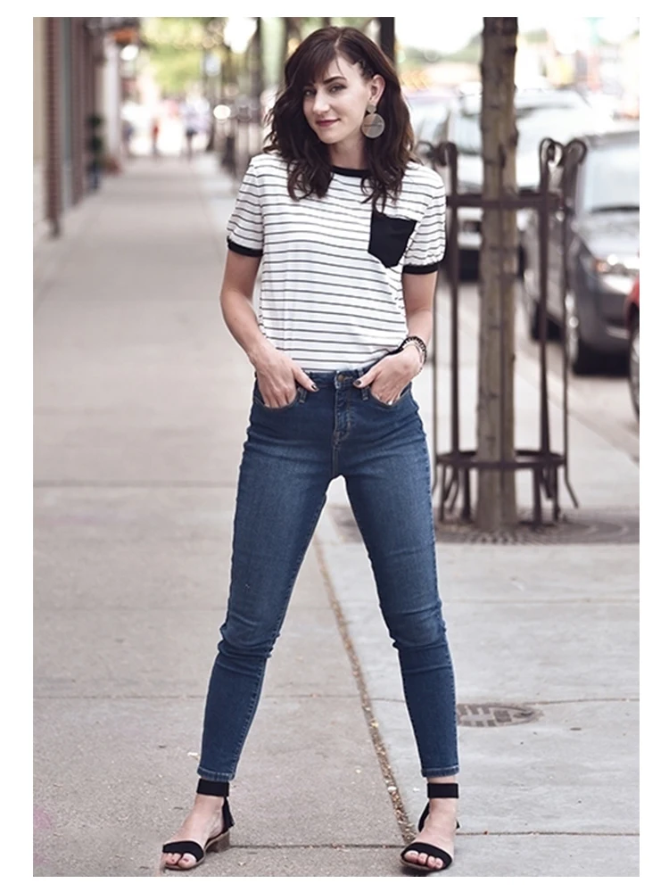 Dotfashion Black And White Patch Pocket Striped Ringer Tee Women Casual Tops Summer Short Sleeve Preppy Colorblock T-Shirt