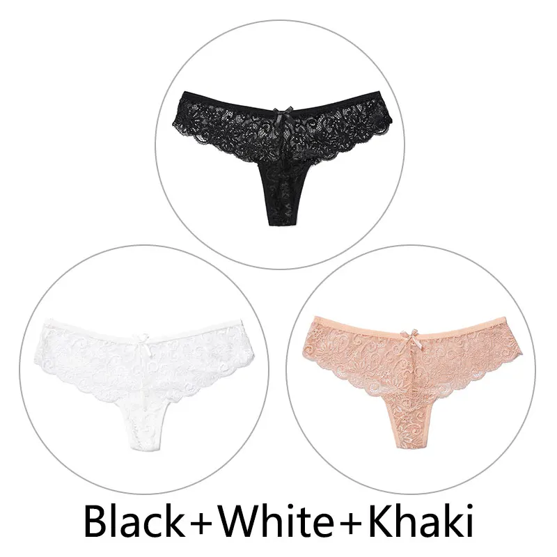 Black White Khaki 3 шт., сексуальные кружевные трусики женские стринги и стринги, открытая низкая талия, нижнее белье, прозрачные танга, женское нижнее белье, дышащее - Цвет: Black White Khaki