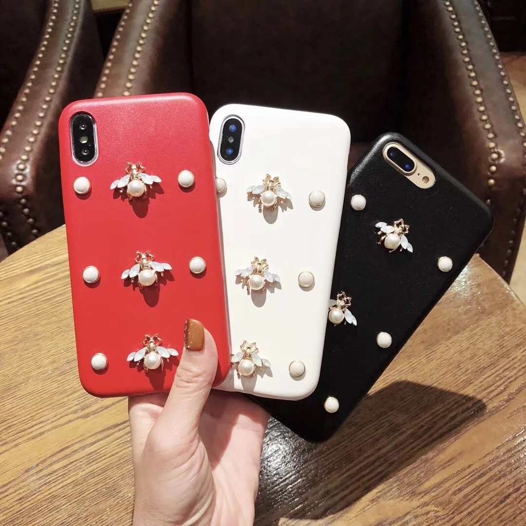 Роскошный кожаный мягкий чехол для телефона для iphone 7 чехол 3D мода алмаз пчела жемчуг Классический чехол для iphone 6 6s 7 8 plus X XR XS Max