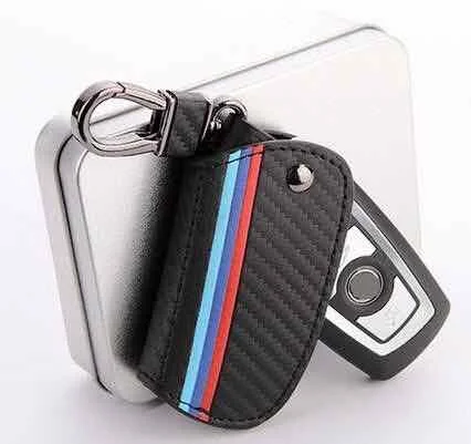 

M-Colored Stripe Car Key Holder for M5 F10 F30 X4 M4 X3 G30 Carbon Fiber Leather Smart Key Holder with metal hook Key chain