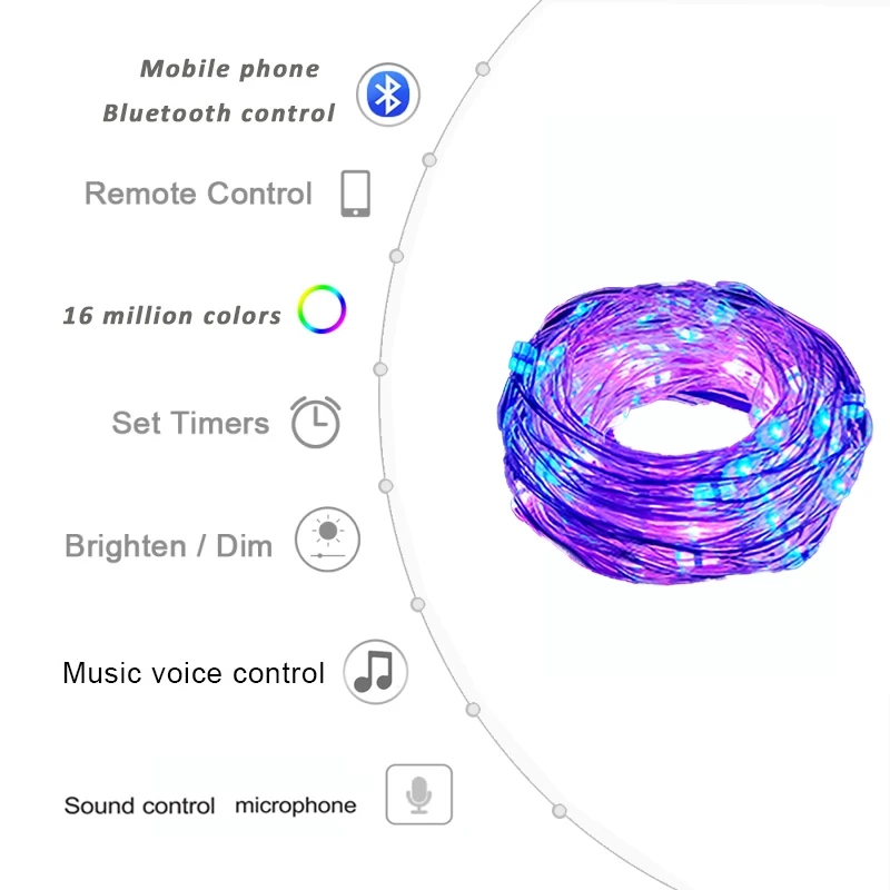 

50/100/ LED Christmas String Lights Battery Powered Copper Wire APP Wireless Remote Control USB Smart Christmas String Lights