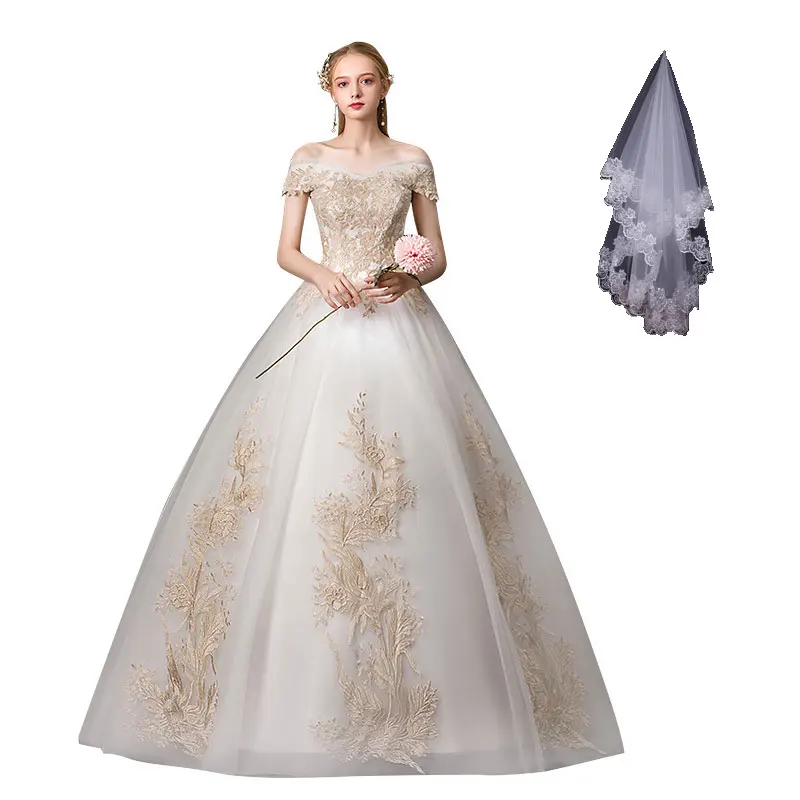 Женское свадебное платье с вырезом лодочкой и открытыми плечами элегантное