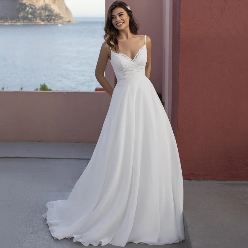 

2022 Ivory Boho Wedding Dress A Line Spaghetti Straps Chiffon Cheap Backless Bridal Gowns Plus Size Formal Marriage Reception