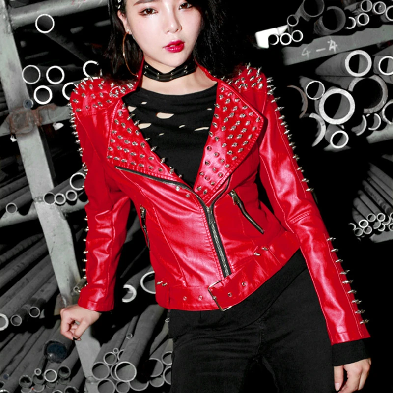 

Red Rivet Motorcycle Biker Jacket Women Autumn Spring Female Punk Rock Slim Faux Leather Jacket Ladies Winter Warm Short PU Coat