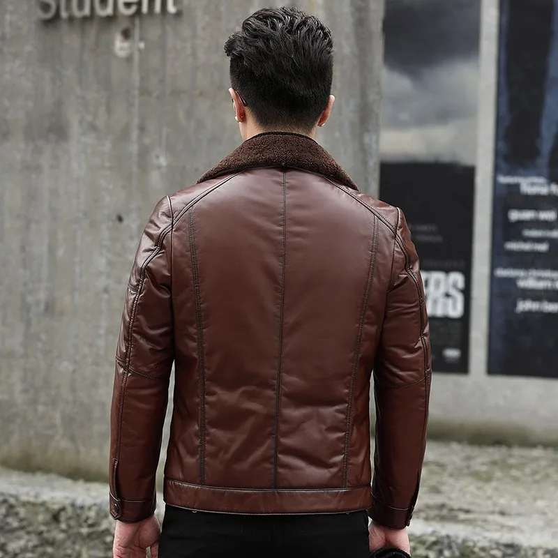 Мужская шерстяная куртка с воротником из натуральной воловьей кожи зимняя