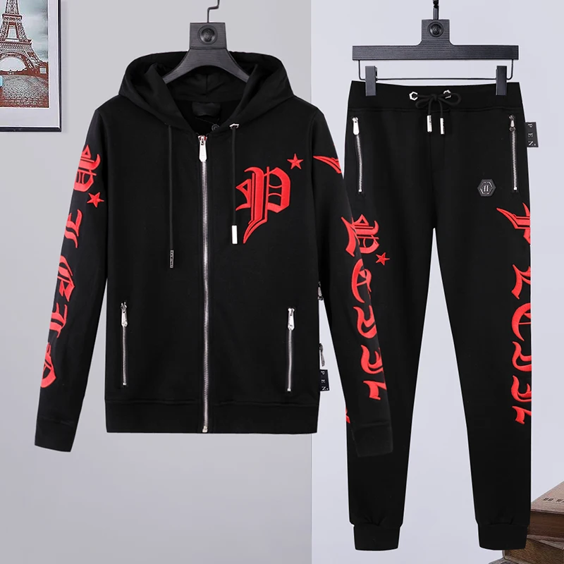 

German fashion brand European station men's hooded sports and leisure sweater Plein zipper embroidered letter PP suit 2 pieces