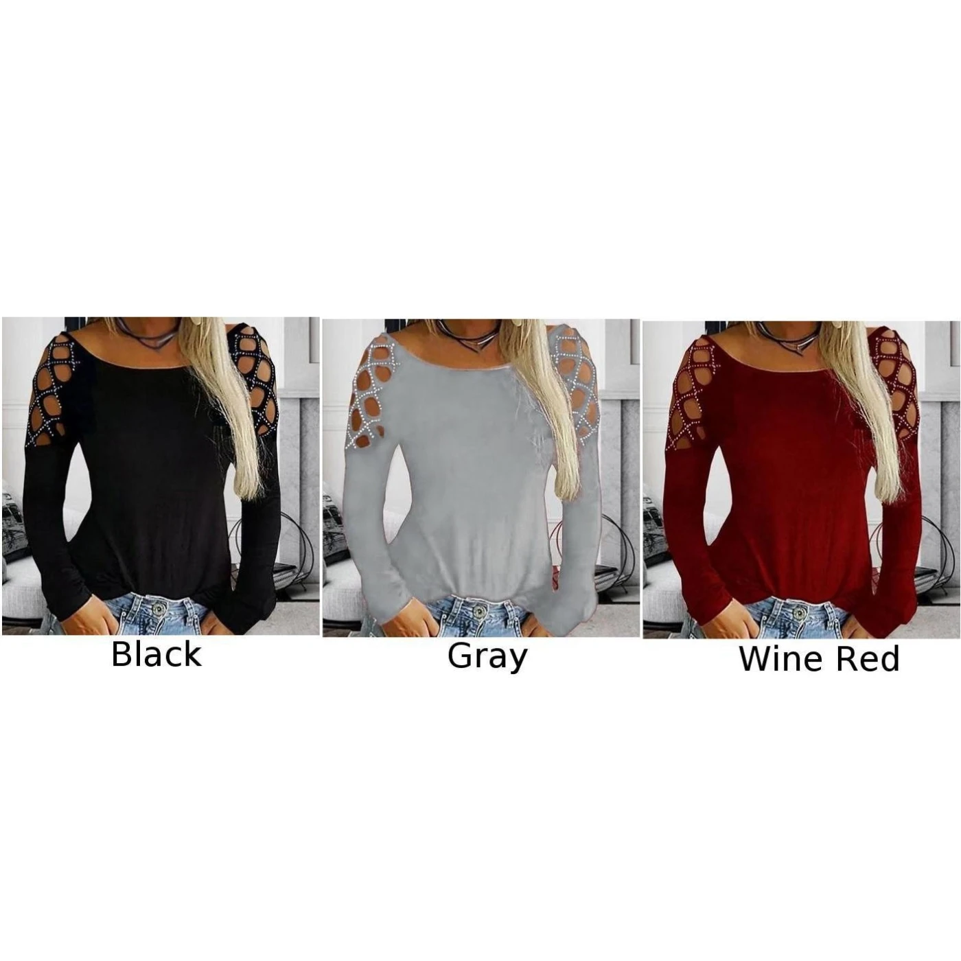 hot Women Tops Sexy shoulder Hollow out Long Sleeve Round Neck Plus Size ladies shirts solid | Женская одежда