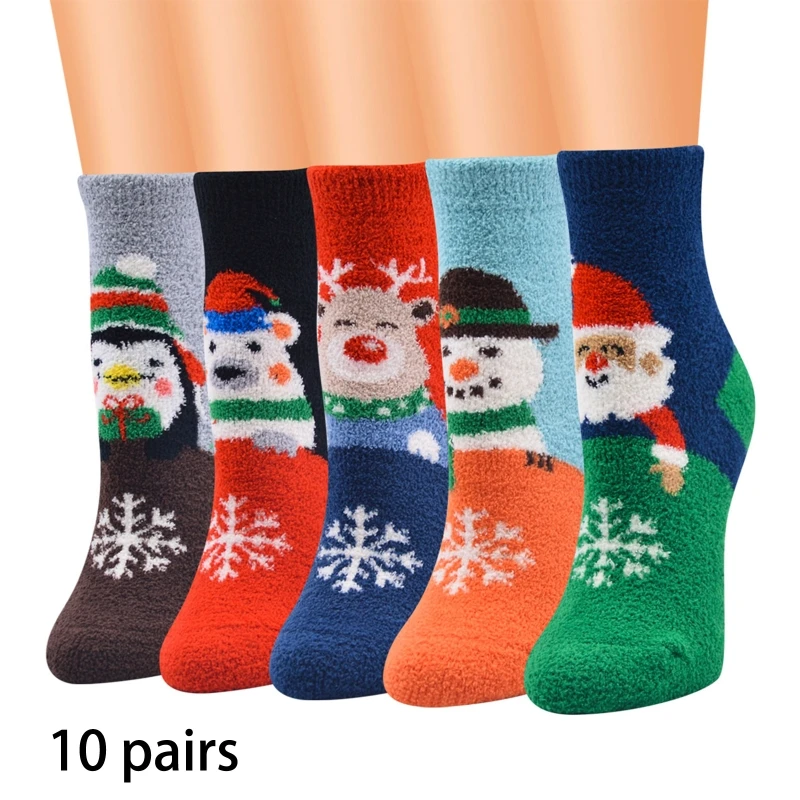

10 Pairs Mixed Christmas Fuzzy Crew Socks Colorful Pattern Winter Warm Hosiery