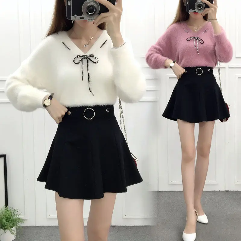 

New year's dress suit skirt winter sweater two piece suit mink velvet new small knitwear tweed skirt