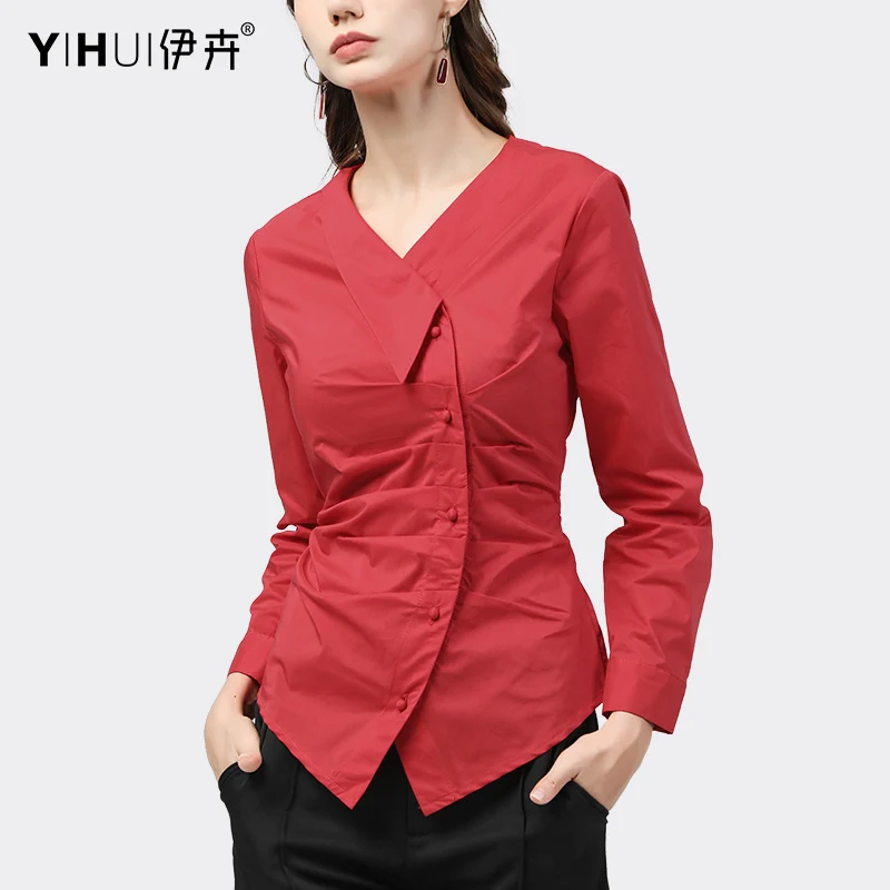 2020 Autumn New Office Ladies Shirt Asymmetry Design Long Sleeve Red Cotton Tops Slim Plus Size Fashion Korean Blouses Graceful