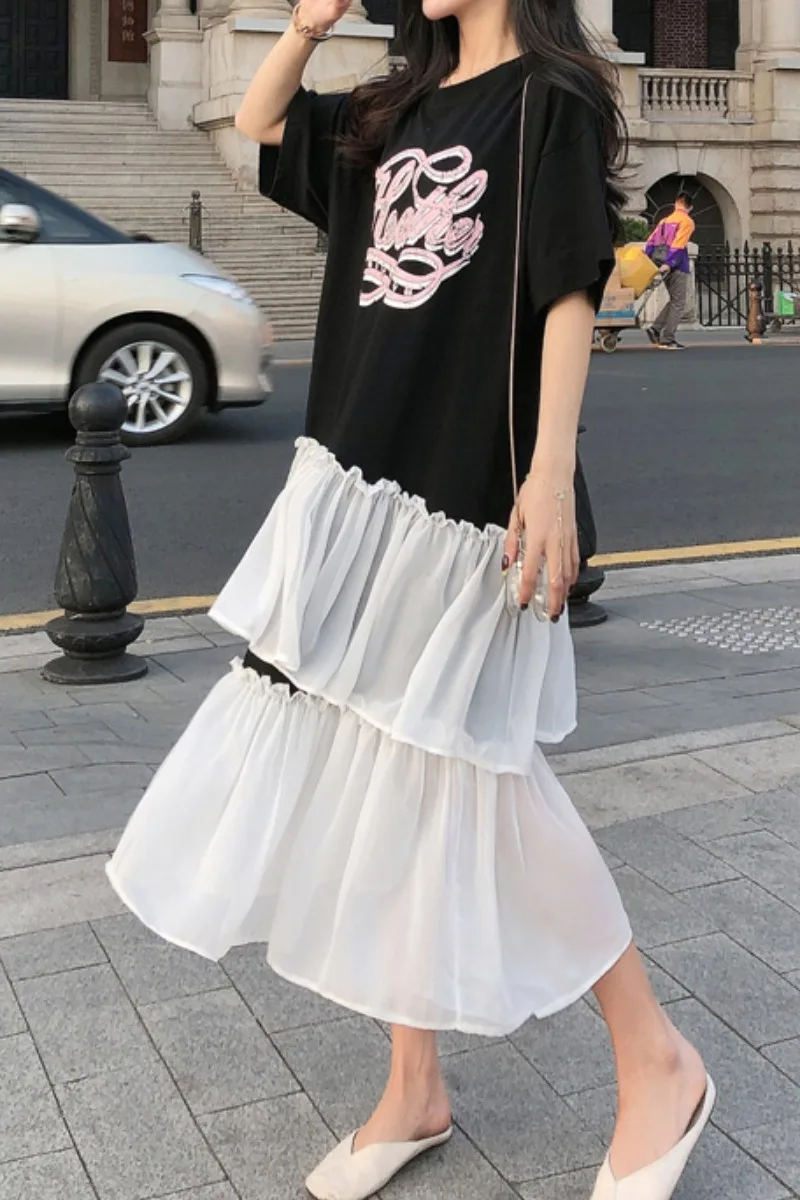 

Summer Korean Style Short Sleeve Dress for Women Irregular Loose Mid Length Dress Female Slimming Large Size T Shirt Dress