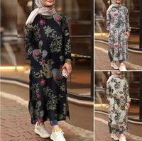 womens round neck long sleeves with printed slit cotton and linen series casual fashion long coat