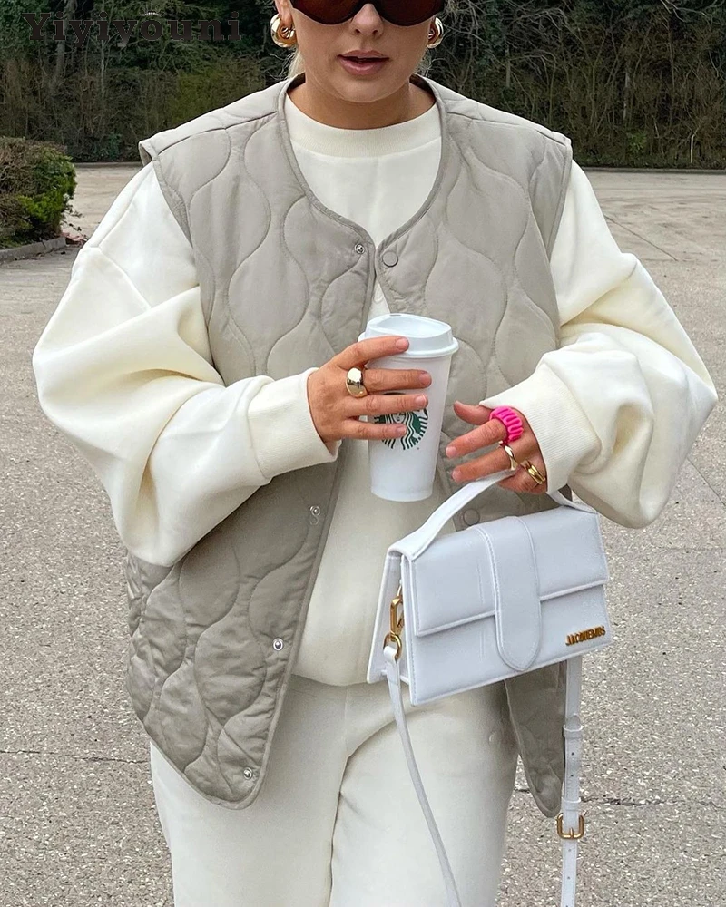 

Жилет Yiyiyouni женский стеганый, однобортный свободный хлопковый теплый жилет без рукавов, Повседневная однотонная безрукавка с круглым вырез...