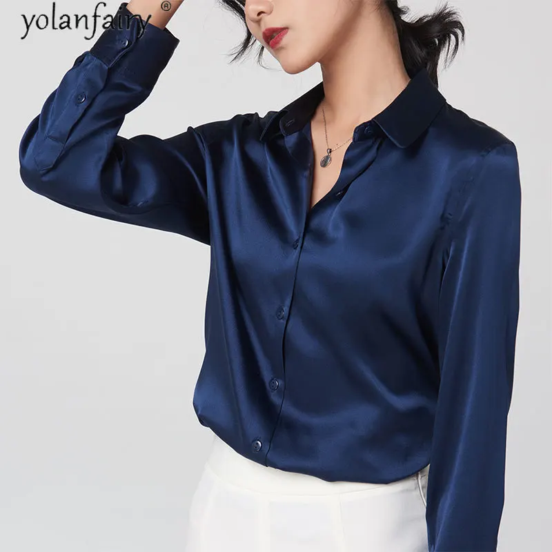 Button Up Shirt Women Korean Real Silk Blouse Long Sleeve Top Female Elegant Shirts Womens Tops and Blouses 2021 Ropa Mujer