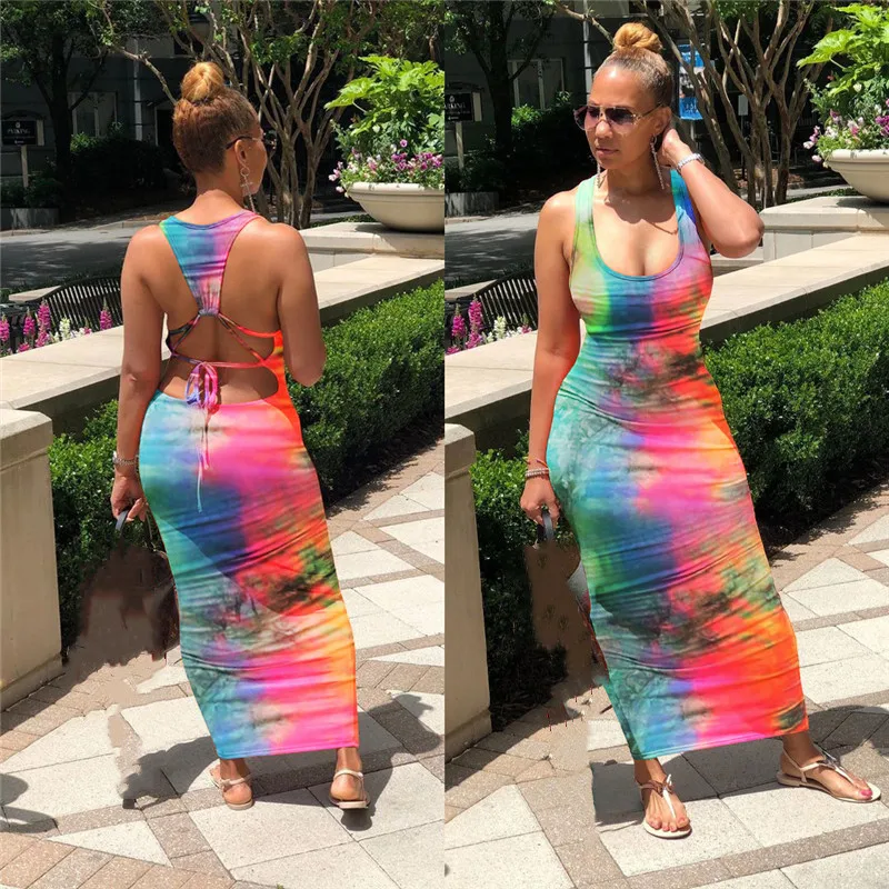 

Tie Dyeing Print Backless Dress Women 2021 Sleeveless Hollow Out Lace Up Tank Long Maxi Dress Bodycon Summer Party Club Sundress