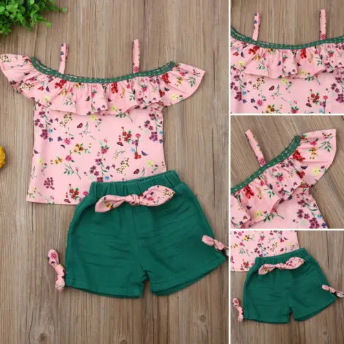 Топы с открытыми плечами и цветочным принтом для маленьких девочек шорты штаны