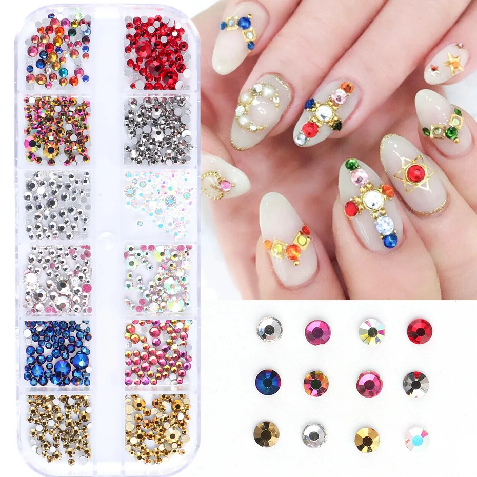 

12 grids/sets 3D nail art decorations mixed sizes luminous glass nails rhinestones shiny charm manicure accessories 12 grid-NS01